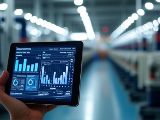 近代的な繊維工場で生産データが表示されたタブレットが置かれている様子。